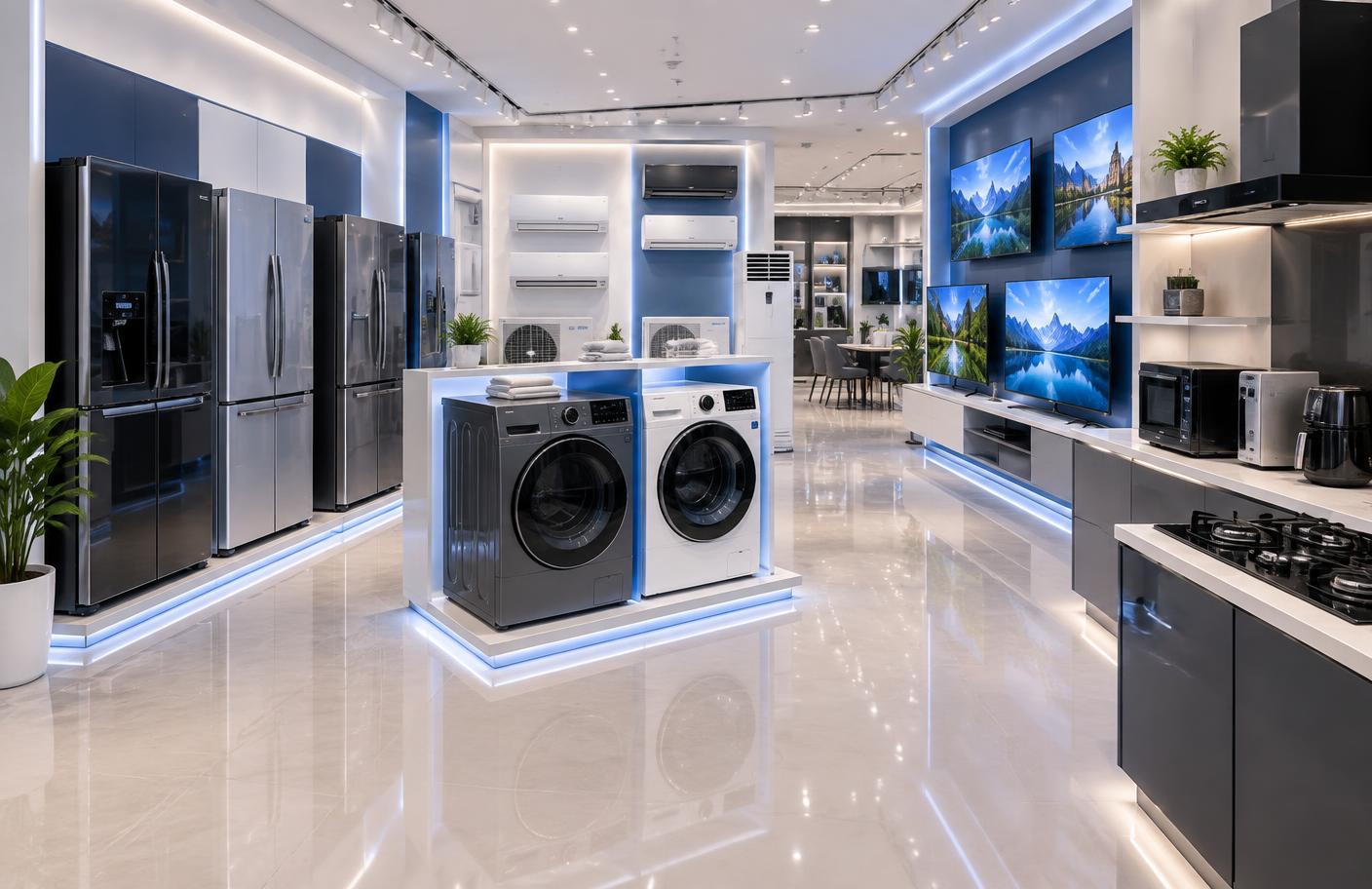 Modern home appliance showroom with refrigerators, TVs, washing machines and air conditioners